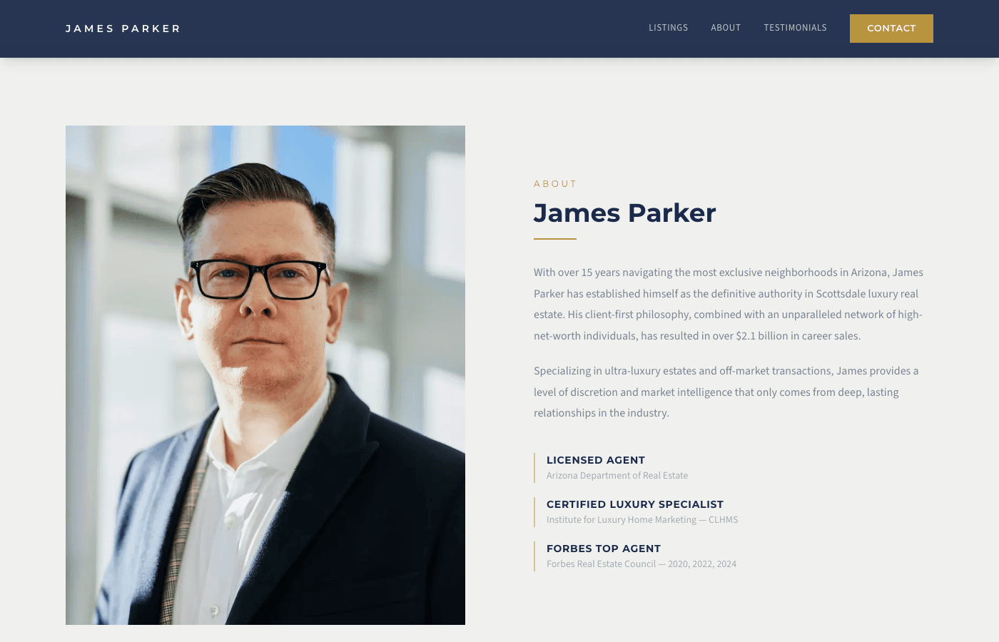 James Parker Realty about and credentials section