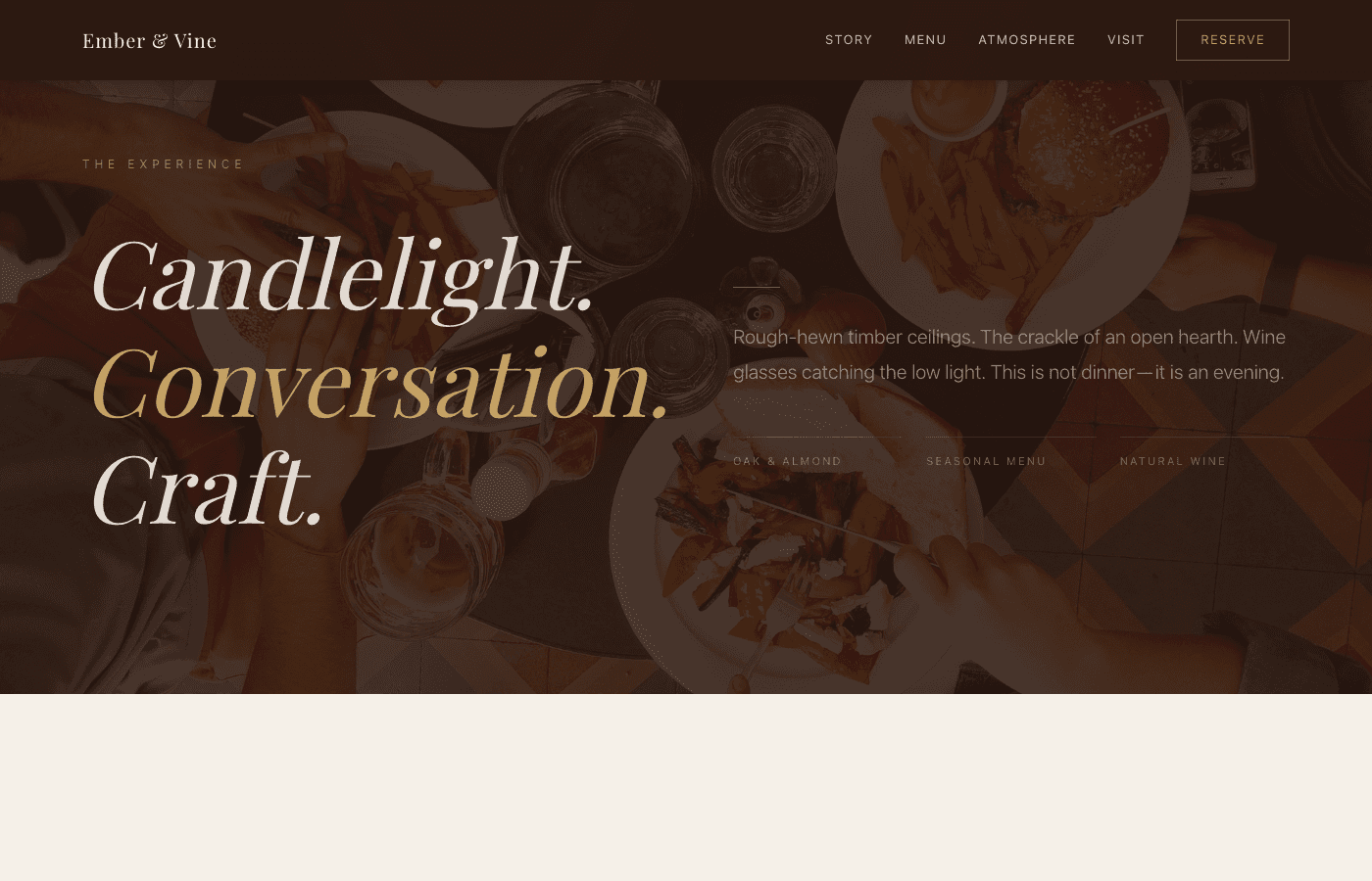 Ember & Vine atmosphere section with large typographic treatment