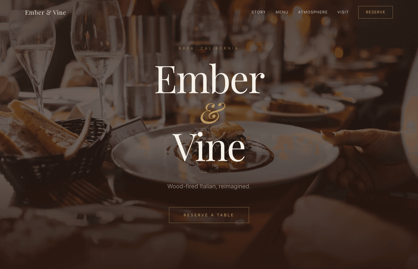 Ember & Vine homepage hero with warm restaurant interior