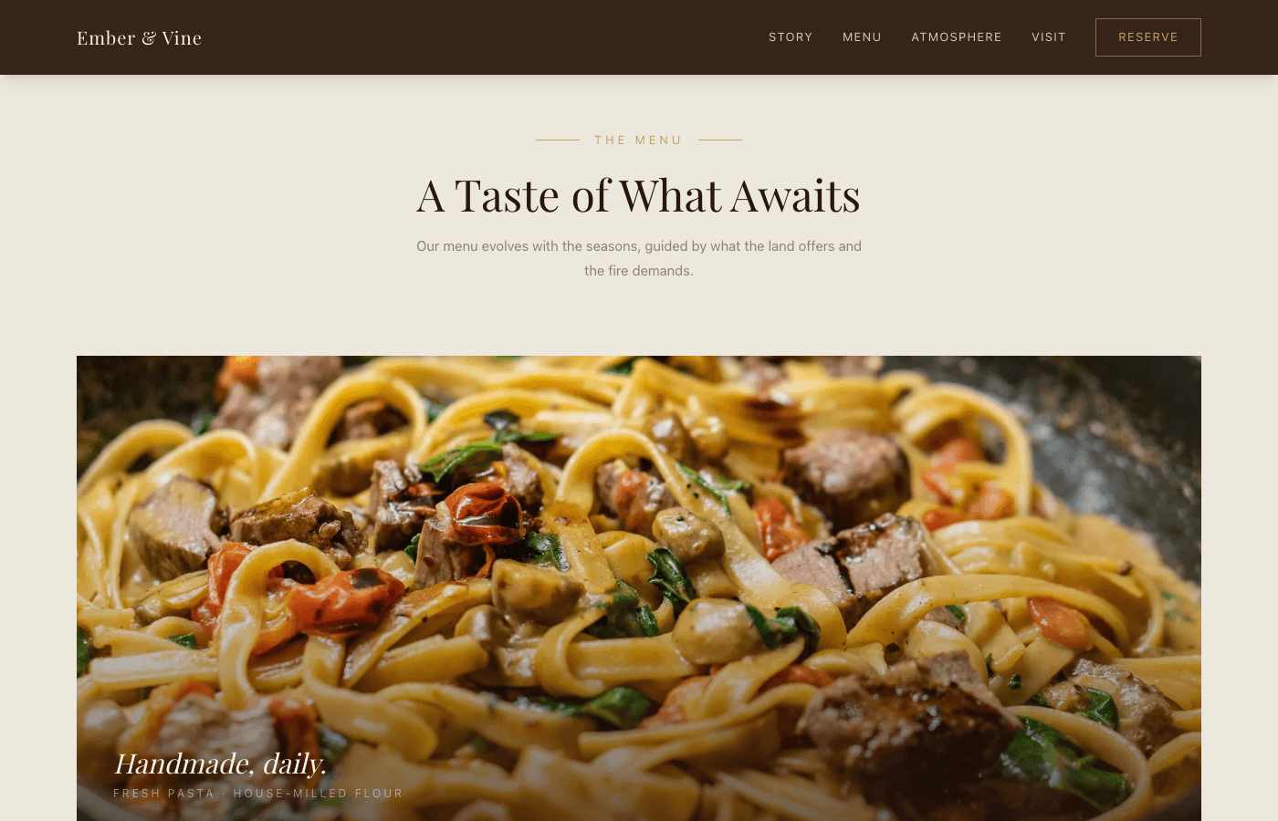 Ember & Vine menu section with category cards and pricing