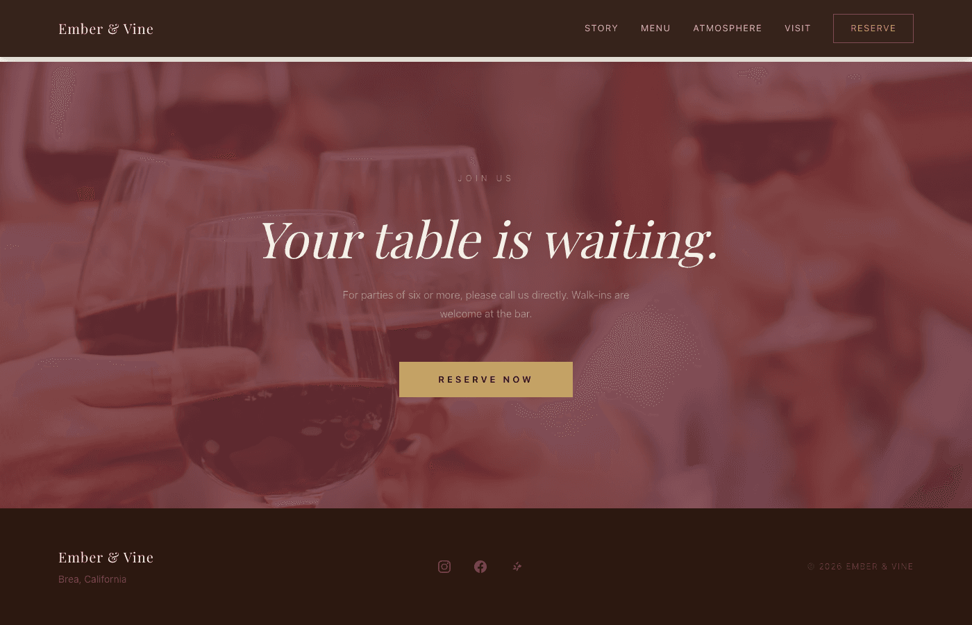 Ember & Vine reservation call-to-action and footer
