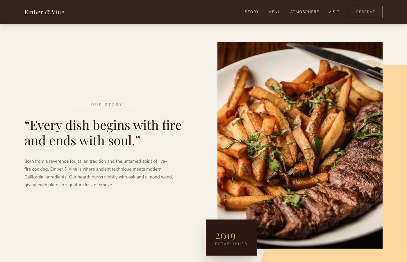 Ember & Vine story section with chef portrait and brand narrative