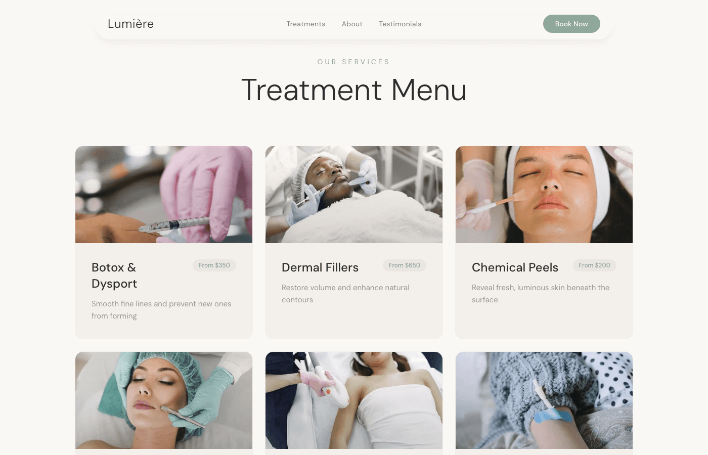 Lumiere Med Spa treatment menu section