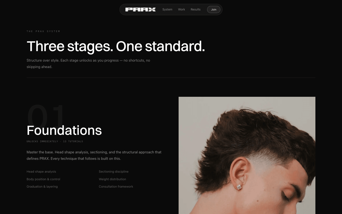 PRAX Academy curriculum section showing Foundations stage