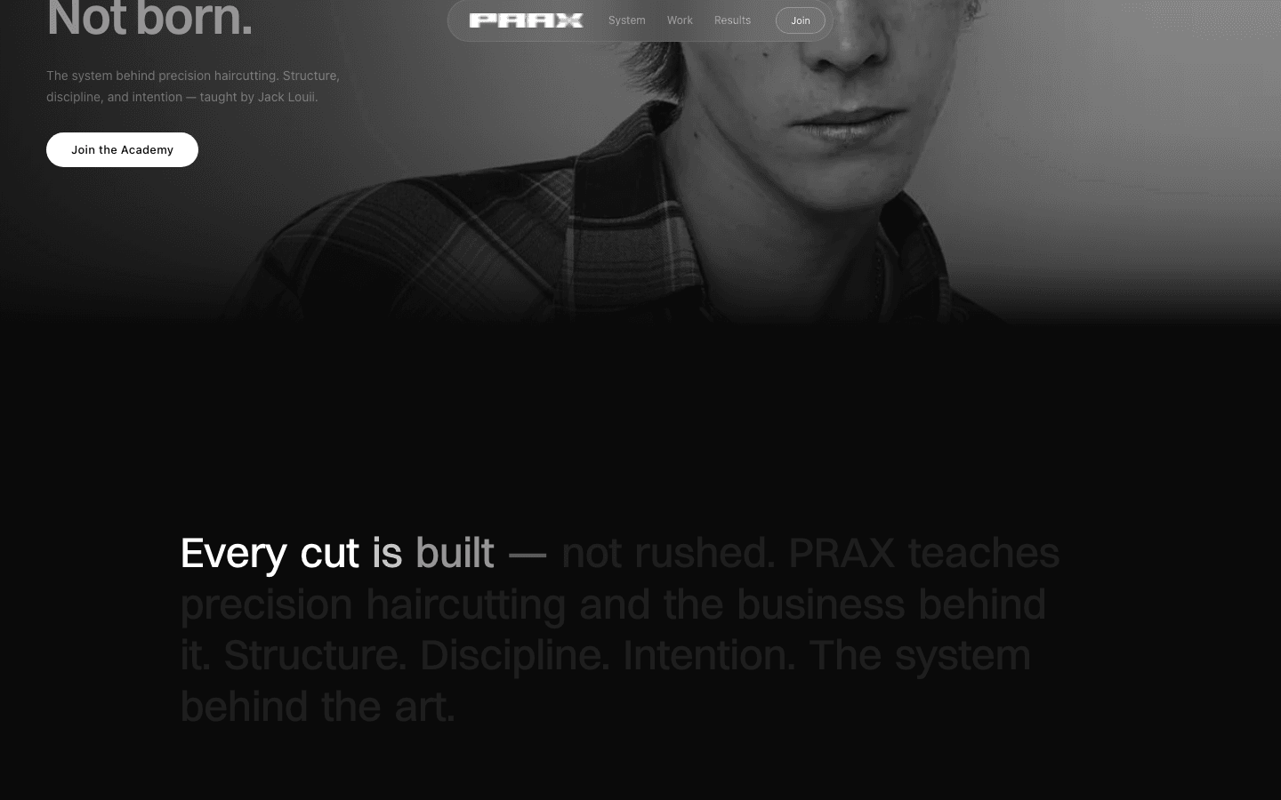 PRAX Academy hero section with full-bleed editorial portrait