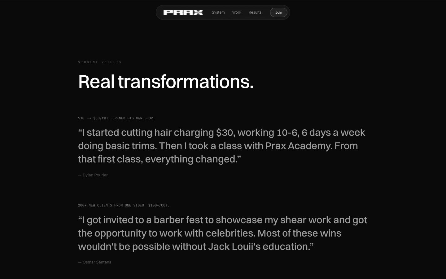 PRAX Academy testimonials section with student results