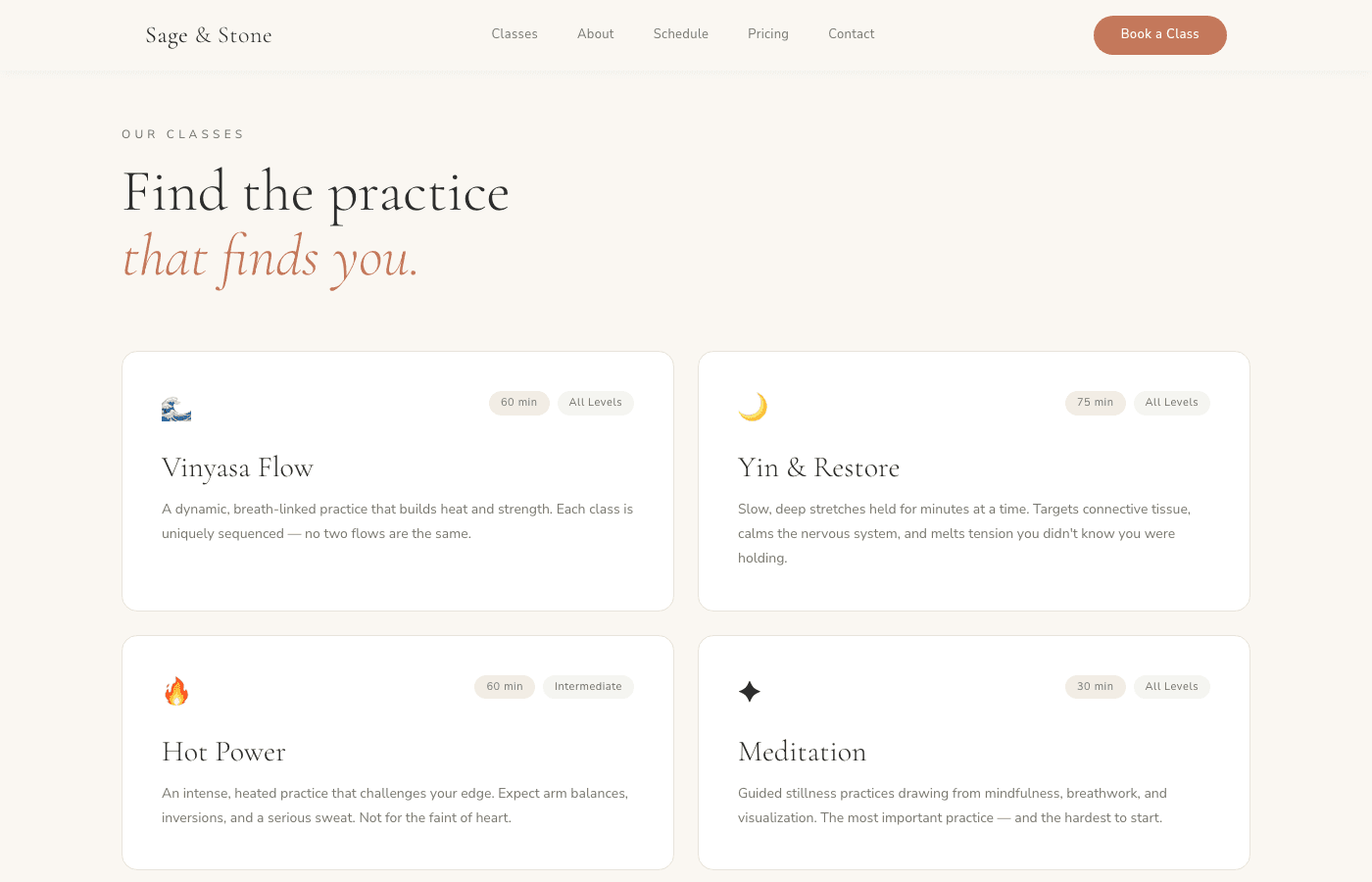 Sage & Stone class offerings section