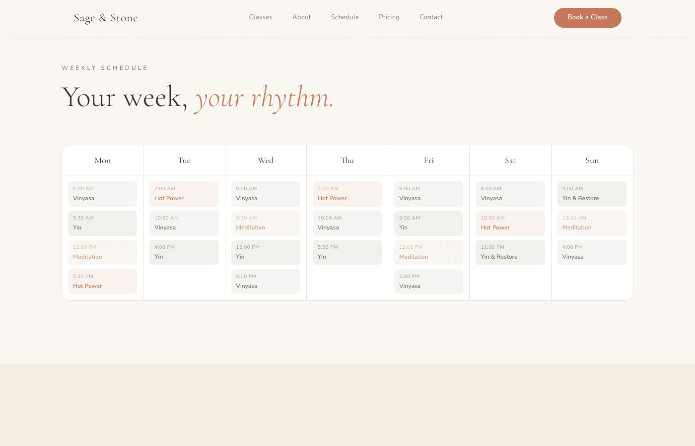 Sage & Stone schedule and pricing section