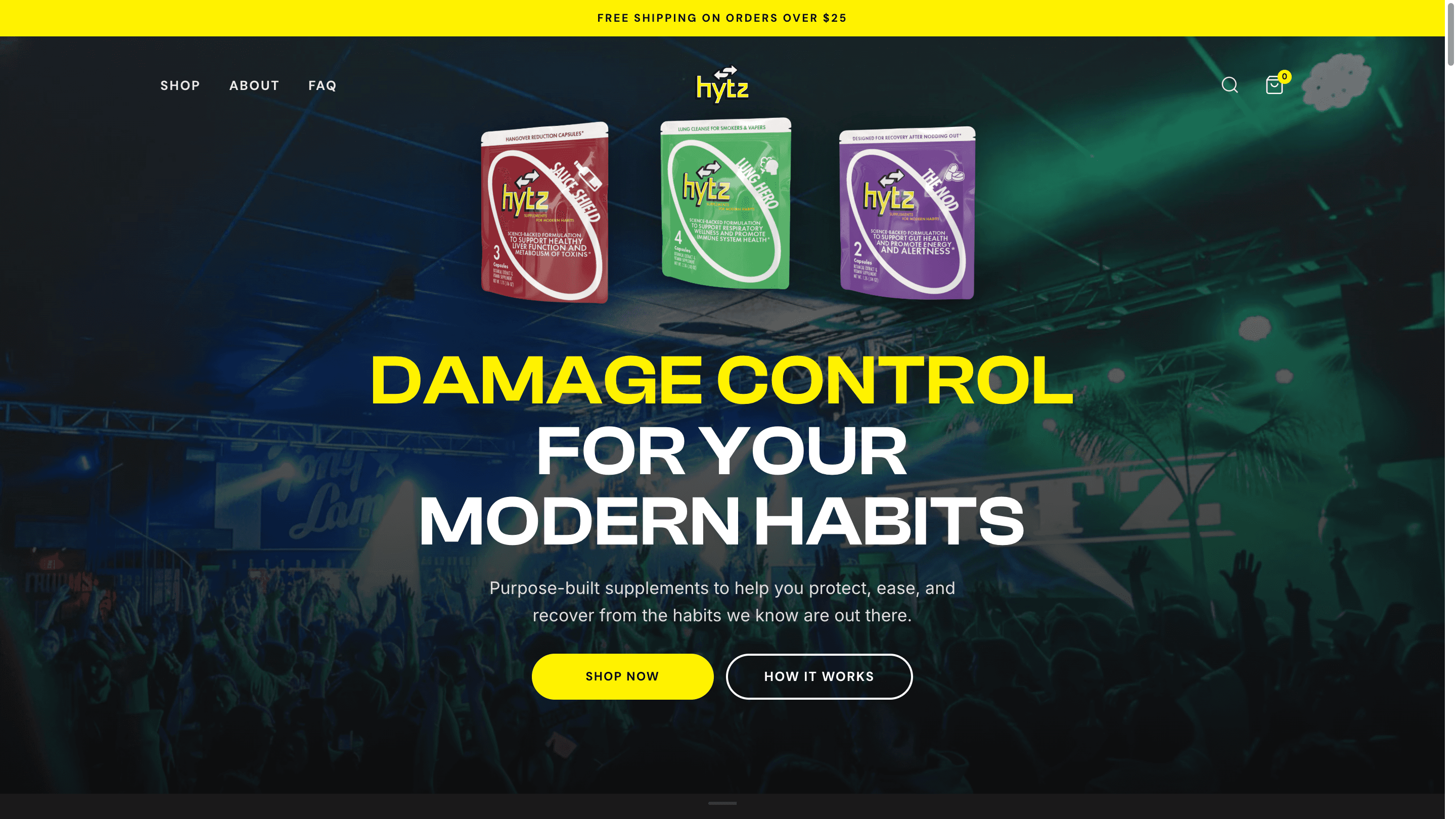 Take Hytz homepage hero with concert backdrop and product lineup