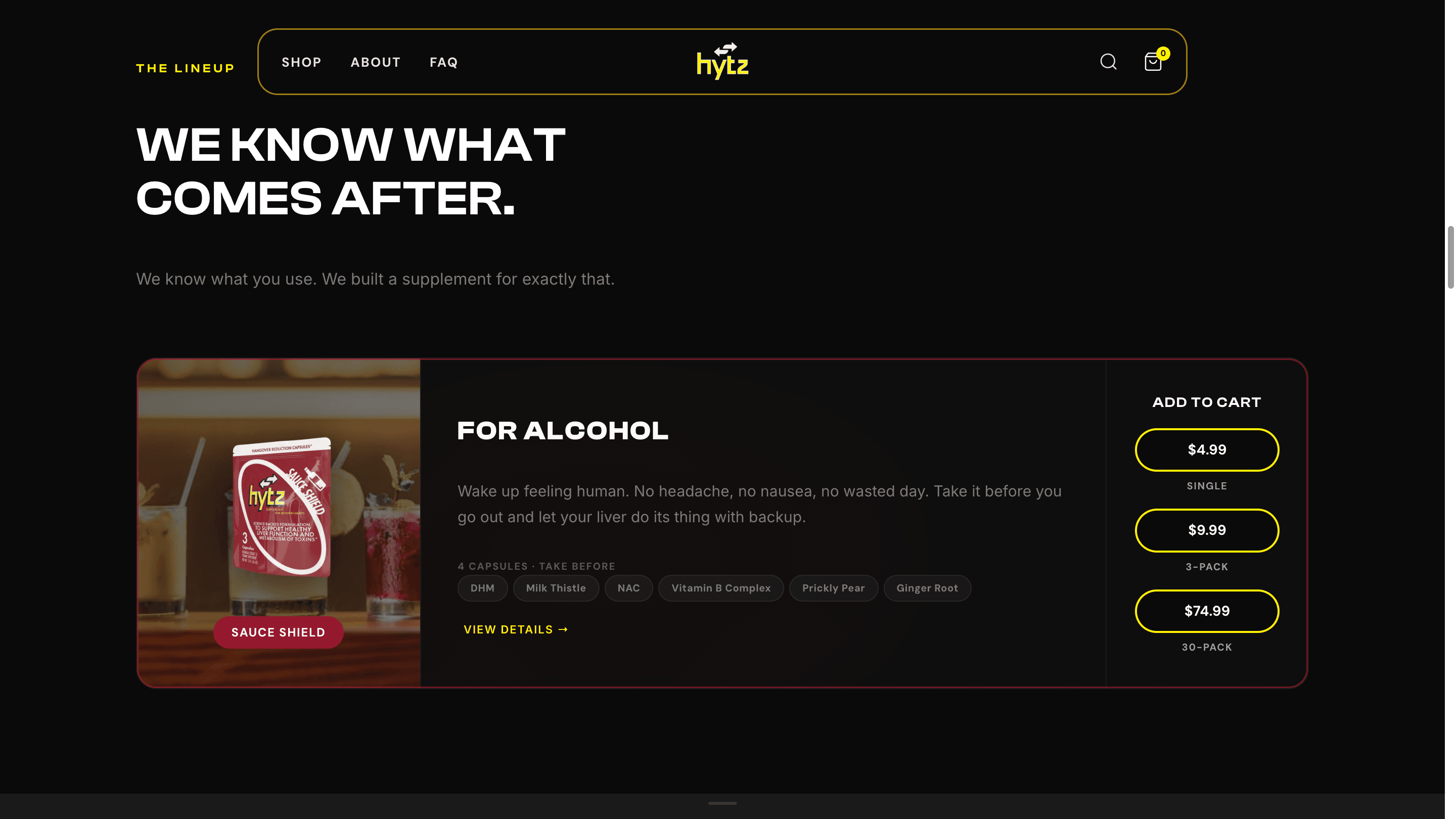 Take Hytz product lineup section with Sauce Shield card