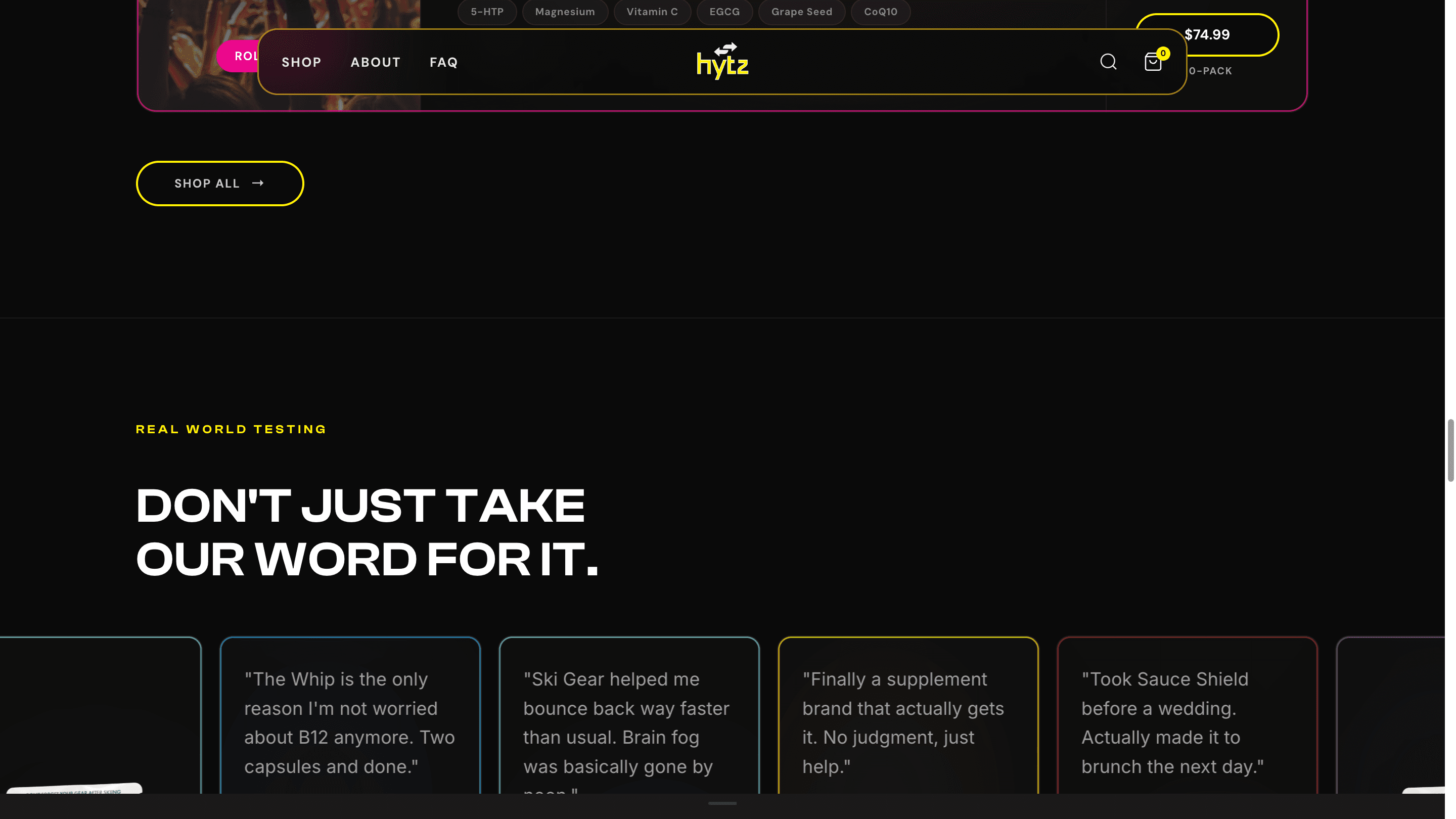 Take Hytz testimonials section with color-coded review cards